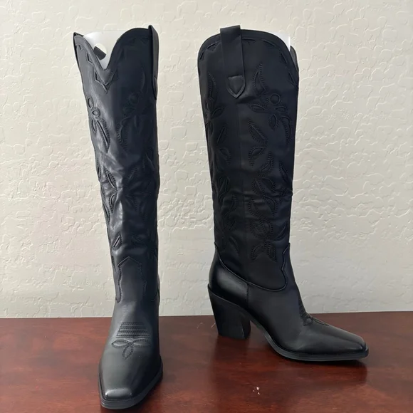 ISNOM Western Knee High Boots Embroidered Block Heel Black US 6.5 New with Box - Picture 9 of 15